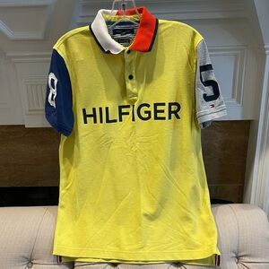 Tommy Hilfiger Shirt Vintage Color block Yellow Blue Orange Polo Shirt Mens Med